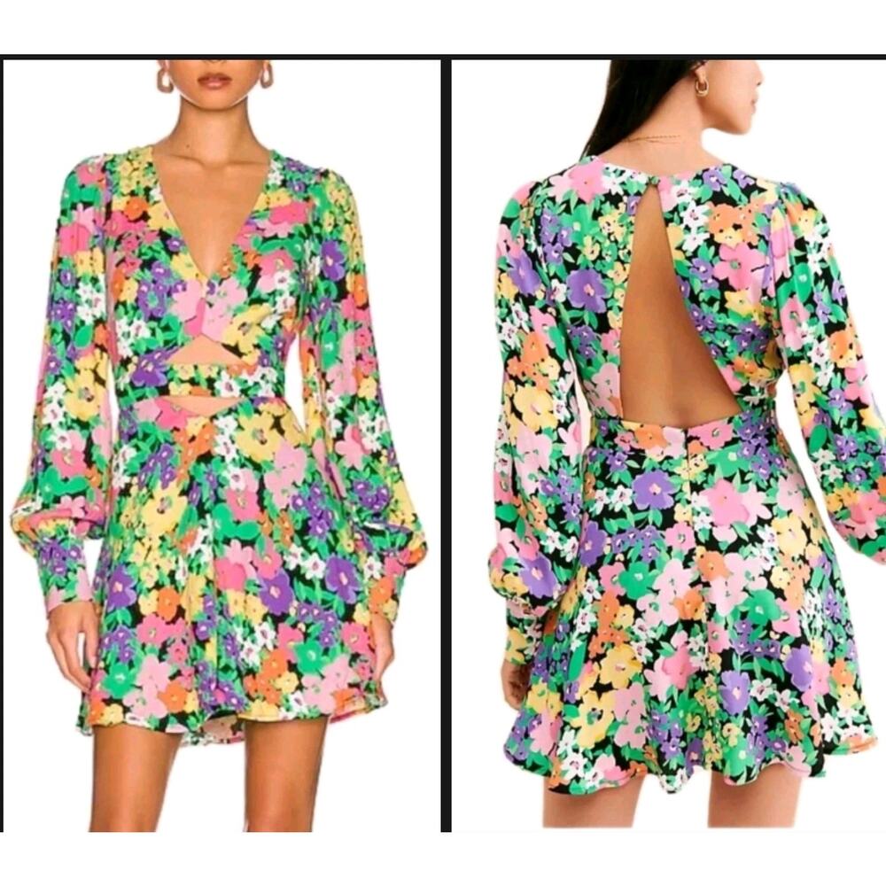 AFRM Womens merion mini Bright Floral Print Cut-Out Party Mini Dress XL Large